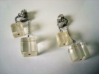 Vintage Silver Tone Clip On Earrings With Lucite Plastic Ice Cube Dangles