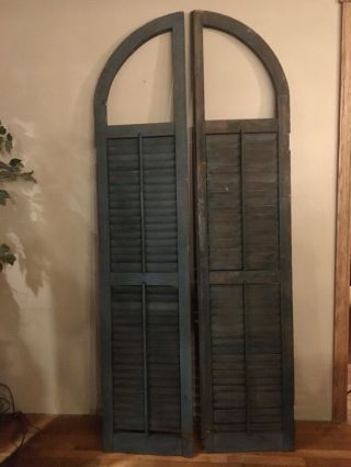 1800’s Antique Arched Set Louvered Wood Window Shutters 82 X 18 Vintage Finish