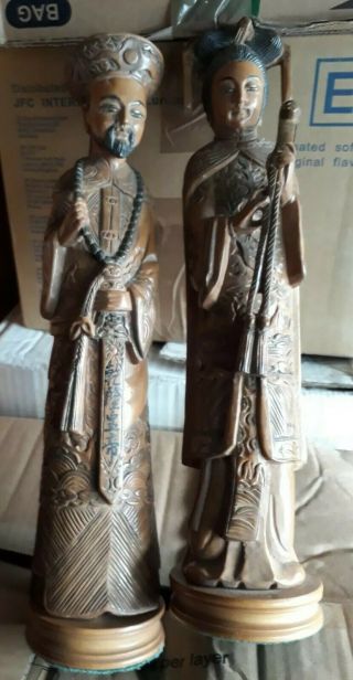 Vintage Chinese Carved Wood Figures X2 Of Oriental Elder 14inches Tall No Damage