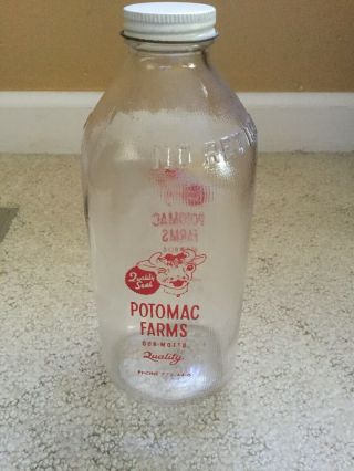 Vintage Dairy Advertising One Quart Glass Jug Bottle Antique Potomac Farms Clear