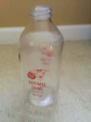 Vintage Dairy Advertising One Quart Glass Jug Bottle Antique Potomac Farms Clear 3