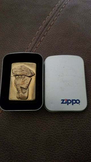 Zippo Brass Cigarette Lighter Poker Hand Full House With Tin Box