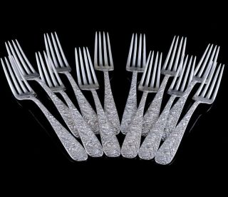 Fine Set Of 12 S Kirk & Son Sterling Silver Floral Repousse 7 - 1/4 Inch Forks