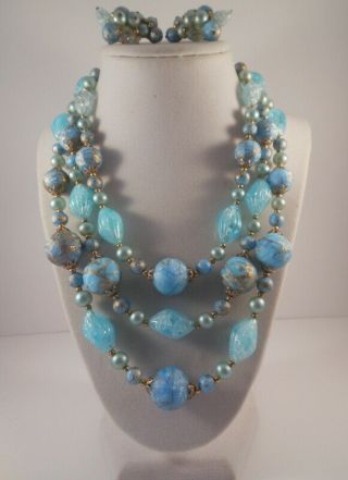 Vtg.  Signed Crown Trifari Baby Blue Lucite/faux Pearl Goldtone Necklace/earrings