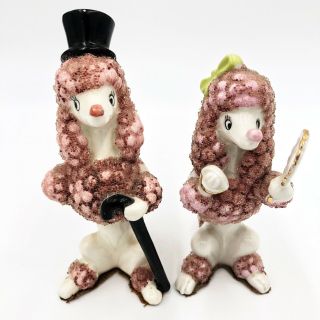 Vintage Porcelain Poodles Victorian Couple Pink And White Top Hat & Cane Mirror
