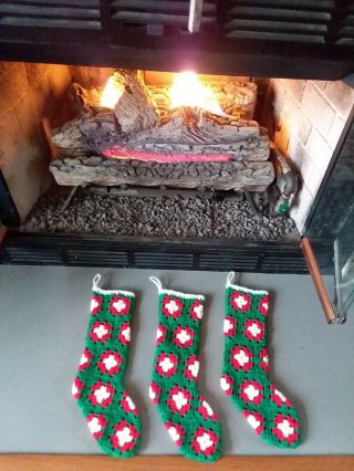 Vintage Crocheted Christmas Stocking Granny Square Green Red White Set 3