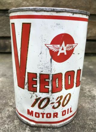 Vtg Veedol 10 - 30 Motor Oil 1 Quart Oil Can Tin Full Flying A Tidewater Oil Co