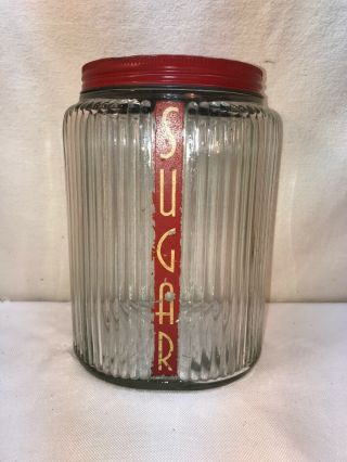 Vtg 1930 - 40’s Ribbed Clear Glass Lid Sugar Canister Cookie Dog Treats Candy Jar