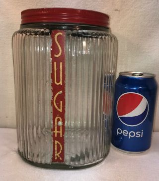 Vtg 1930 - 40’s Ribbed Clear Glass Lid Sugar Canister Cookie Dog Treats Candy Jar 2