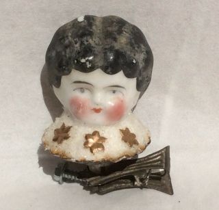 Rare Antique Biedermeier China Doll Head With Frosted Spun Cotton Clip Ornament