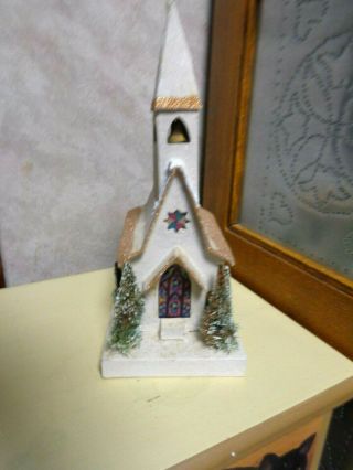 Vintage Putz Christmas Village Mica Glitter House Church With Bell