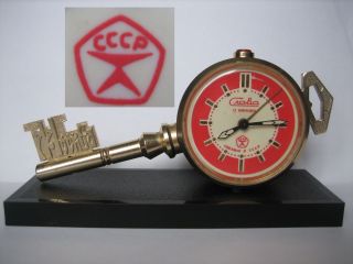 Ussr 1970s Vintage Alarm Clock Slava Key Of Moscow.  Mechanical Red & White Dial