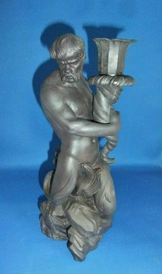 Antique 19thc Wedgwood Black Basalt Naked Male Figure Candlestick " Triton " C1880