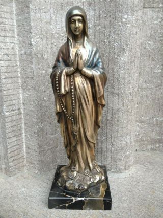 Antique Metal Marble Signed Virgin Mary Our Lady Of Lourdes Chapel Statue Figure