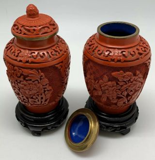 Pair Vintage Chinese Carved Lacquer Red Carved Floral Cinnabar Ginger Jars 5”