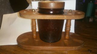 Vintage Wood Pipe Stand W/ Glass Tobacco Humidor Aztec Moistener Holds 8 Pipes