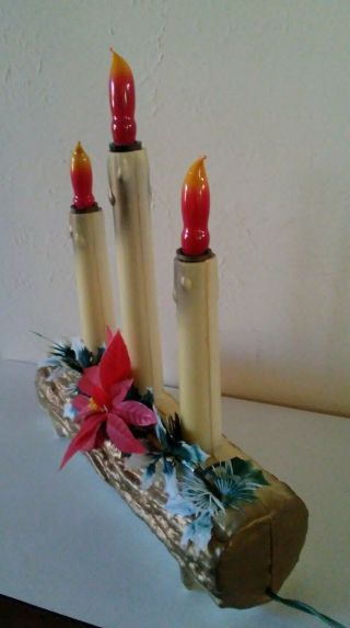 VINTAGE CHRISTMAS BLOW MOLD PLASTIC LIGHTED YULE LOG ELECTRIC 3 CANDLES 2