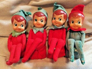 Vintage Japan Pixie Elf Red & Green Felt Rubber Face Knee Hugger Elves