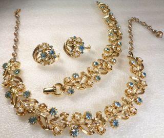 Vintage Signed Lisner Blue Rhinestone Necklace Bracelet Earrings Set Repair