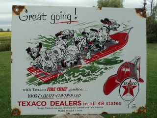Vintage 1956 Texaco Fire Chief Gasoline Porcelain Gas Oil Sign Dalmatian Dogs