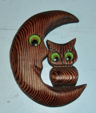 Vintage Carved Wood Horned Owl On Half Moon Wall Plaque Felt Eyes Rustic Decor