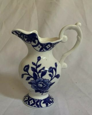 Vintage London Pottery Pitcher White Blue Rose Floral Vase Creamer 4”