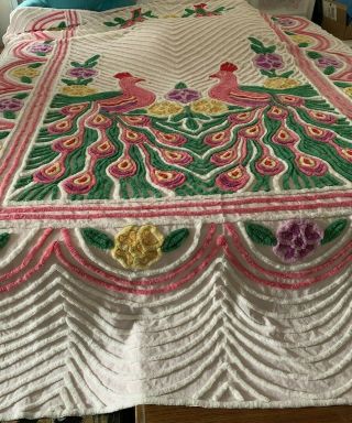 Vintage Chenille Double Peacock Bedspread,  Full Size Bed,  Cutter