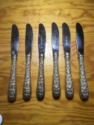 Vintage S.  Kirk & Son Repousse 6 Piece Sterling Silver Butter Knife Setting