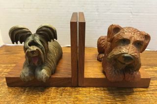 Antique Anri Wood Carved Terrier Dogs Bookends Dovetailed