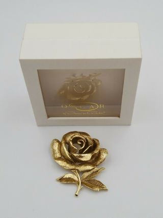 Vintage Gold Tone Rose Flower Brooch Signed Oscar ® Oscar De La Renta W/ Box