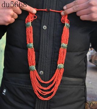 15 " Collect Old Tibetan Minority Bronze Inlay Turquoise Red Coral Amulet Necklace