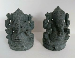 2 Antique/vintage Ganesh Hand Carved Stone Figures Ornaments Statues Elephants