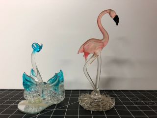 Vintage Hand Blown Glass Flamingo And Swan Figurines