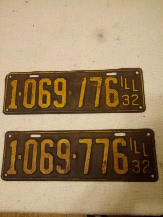 Pair 2 Vintage Matching Illinois 1932 License Plates Ford Chevy Dodge Car Hotrod