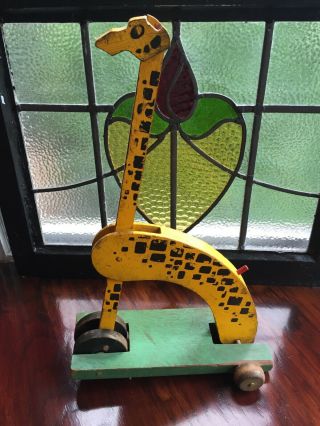 Vintage Old Primitive Hand Made Wooden Giraffe Folk Art Pull Toy 15 1/2 "