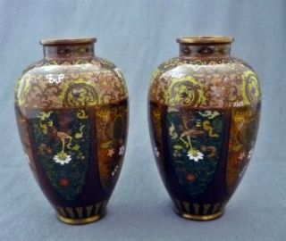 Good Antique Japanese Silver Wire Cloisonne Vases,  Meiji Period