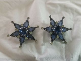 Vintage Smoky Blue Glass And Crystal Rhinestone Star Clip Earrings Unsigned