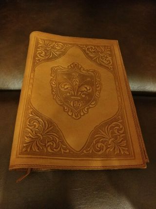 Vintage Italian Leather Book Cover Hand Tooled Embossed Bookmark All Leather