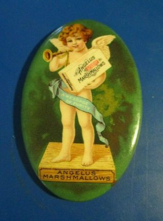 Antique Celluloid " Angelus Marshmallows " Advertising Pocket Mirror.
