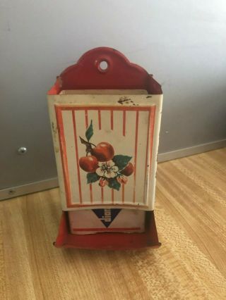 Vintage 1940s Red Metal Match Box Holder Wall - Mount Tin Dispenser Flower