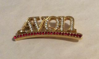Vintage Avon Logo Representative Gold Tone Red White Rhinestone Pin