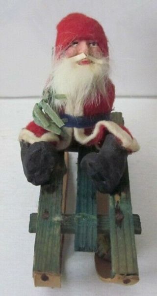 Vintage Early 1900s Paper Mache Face Santa Claus On A Wooden Sleigh