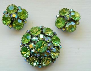 Vintage Signed Weiss Lime Green Ab Rhinestone Brooch Pin Clip Earring Set