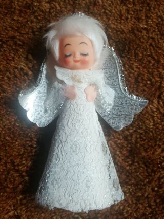 Vintage 60s Made In Japan White Lace Blonde Praying Angel Tree Topper Retro