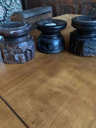 Vintage Indian Hand Carved 3 Piece Candle Holder Set Seed Spreader Wooden