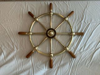 Vintage 24 1/2 " Solid Brass Ship Wheel W/ Wood Handles
