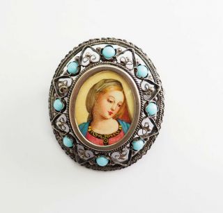 Antique Hand Painted Porcelain Virgin Mary 800 Silver Ornate Pin Pendant Europe