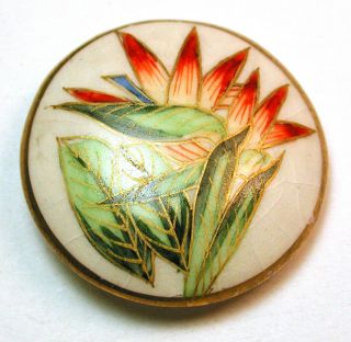 Vintage Satsuma Button Colorful Bird Of Paradise Flowers With Gold 1 "