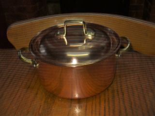 Vintage French Copper Cuisine Casserole Stew Pan Brass Handles Tin Lined