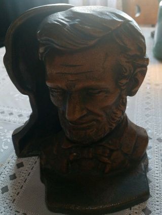 Vintage Abraham Lincoln Bookends Statue Bust Copper Cast Iron Bronze Pair